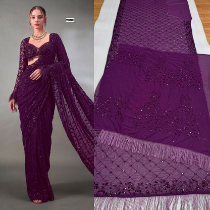 New Trending Bollywood Heavy Quality Faux Georgette Saree | Heavy Cpallu embroidery work with 5mm Sequins & Multy Embroidery work done in Saree | Blouse of Faux Georgette With Heavy Embroidery
