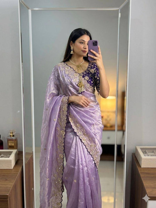 New Trending Fendy Satin Dual Shade Saree Multi Sequence Embroidary Work With Stitched Contrast Blouse
