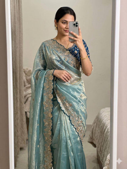 New Trending Fendy Satin Dual Shade Saree Multi Sequence Embroidary Work With Stitched Contrast Blouse