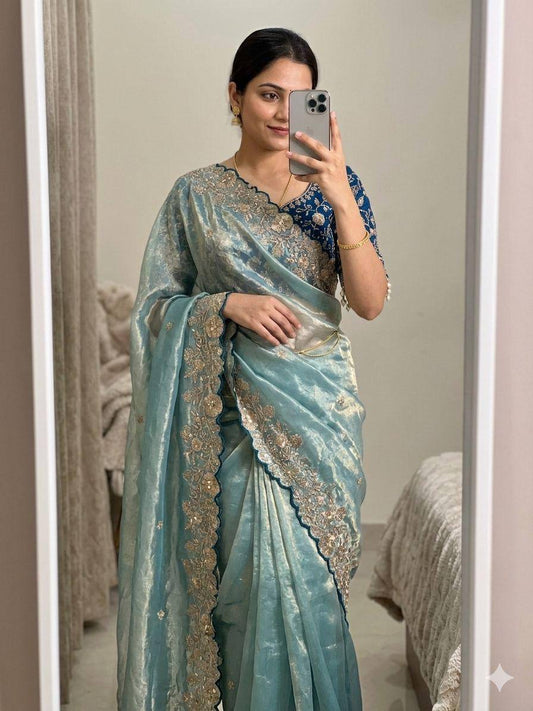 New Trending Fendy Satin Dual Shade Saree Multi Sequence Embroidary Work With Stitched Contrast Blouse
