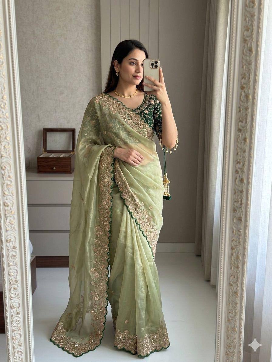 New Trending Fendy Satin Dual Shade Saree Multi Sequence Embroidary Work With Stitched Contrast Blouse