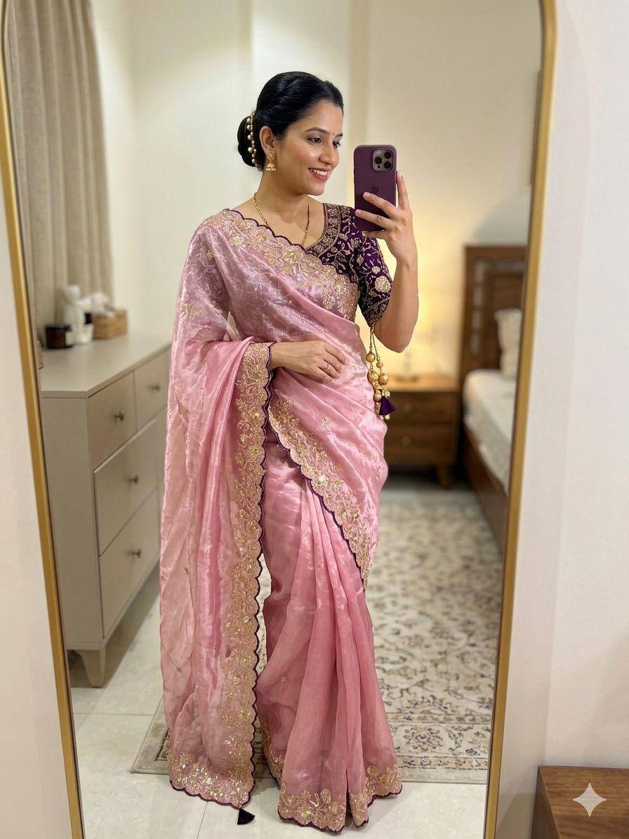 New Trending Fendy Satin Dual Shade Saree Multi Sequence Embroidary Work With Stitched Contrast Blouse