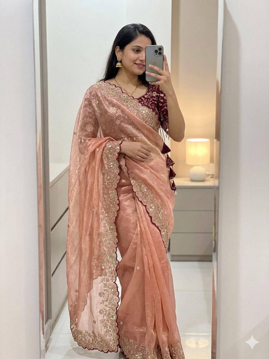 New Trending Fendy Satin Dual Shade Saree Multi Sequence Embroidary Work With Stitched Contrast Blouse