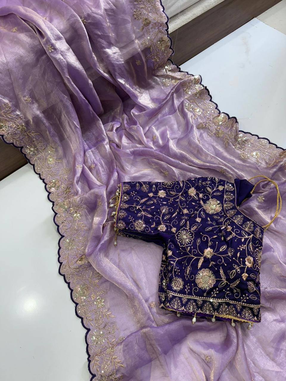 New Trending Fendy Satin Dual Shade Saree Multi Sequence Embroidary Work With Stitched Contrast Blouse
