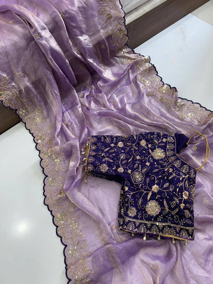 New Trending Fendy Satin Dual Shade Saree Multi Sequence Embroidary Work With Stitched Contrast Blouse
