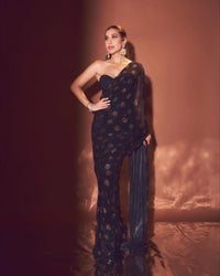 New Bollywood BlockBuster Black Color Faux Georgette Embroidery Work Saree| 3MM&5MM Work | Mono Silk Banglori Blouse