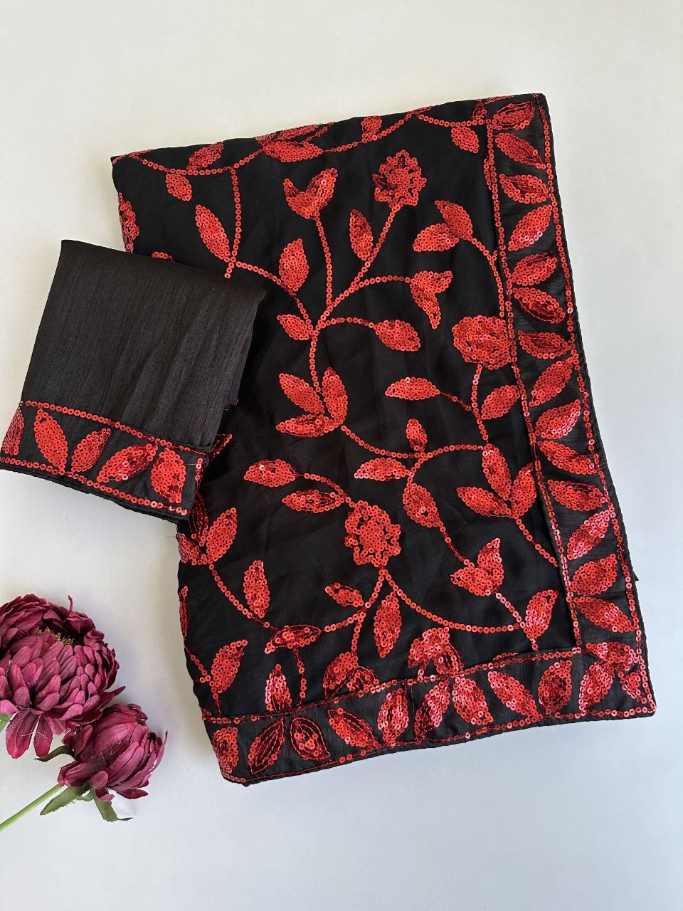New Bollywood  Heavy Quality Faux Georgette 5MM Zaal Flower Sequins Embroidery Work Done On Saree | 4.4 Mtr Work | Blouse-Heavy Mono Silk With Embroidery Lace