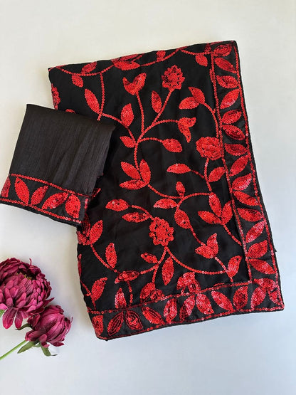 New Bollywood  Heavy Quality Faux Georgette 5MM Zaal Flower Sequins Embroidery Work Done On Saree | 4.4 Mtr Work | Blouse-Heavy Mono Silk With Embroidery Lace