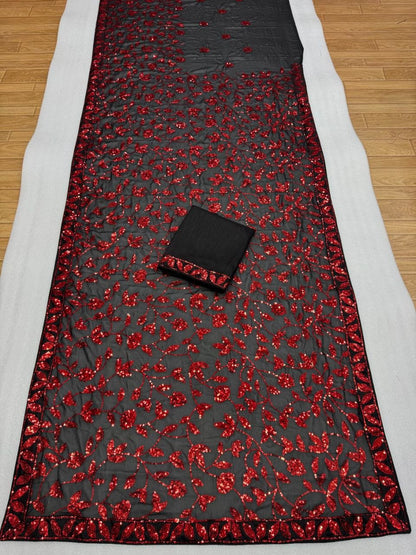 New Bollywood  Heavy Quality Faux Georgette 5MM Zaal Flower Sequins Embroidery Work Done On Saree | 4.4 Mtr Work | Blouse-Heavy Mono Silk With Embroidery Lace