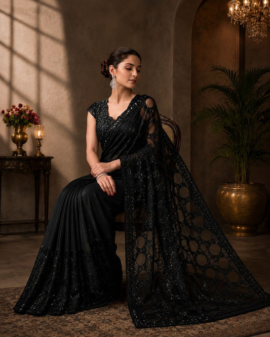 Heavy Quality Butterfly Net Sequins Embroidery work Saree | 4.4 Mtr Work | Blouse-Butterfly Net With Heavy Embroidery Front & Back Multi & Sequins With Sleeves Embroidery Work