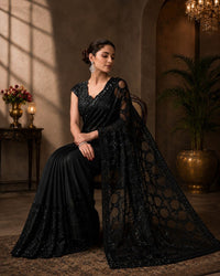 Heavy Quality Butterfly Net Sequins Embroidery work Saree | 4.4 Mtr Work | Blouse-Butterfly Net With Heavy Embroidery Front & Back Multi & Sequins With Sleeves Embroidery Work