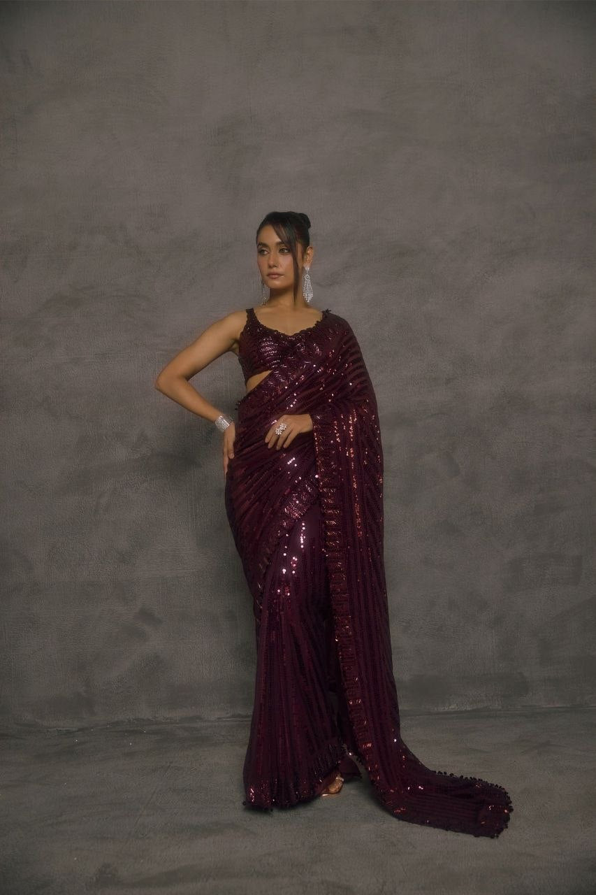 New Bollywood Saree Of Heavy Quality Faux Georgette 5mm Sequins & Multi Embroidery Work in Saree | 4.4 Mtr Work | Blouse of Heavy Embroidery Sequins Front & Back Side Work With Sleeves 