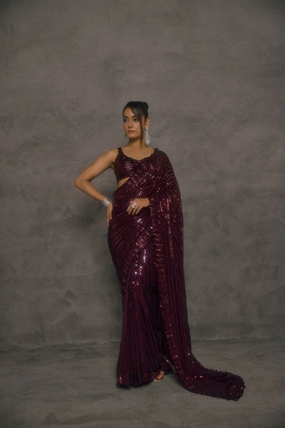 New Bollywood Saree Of Heavy Quality Faux Georgette 5mm Sequins & Multi Embroidery Work in Saree | 4.4 Mtr Work | Blouse of Heavy Embroidery Sequins Front & Back Side Work With Sleeves 