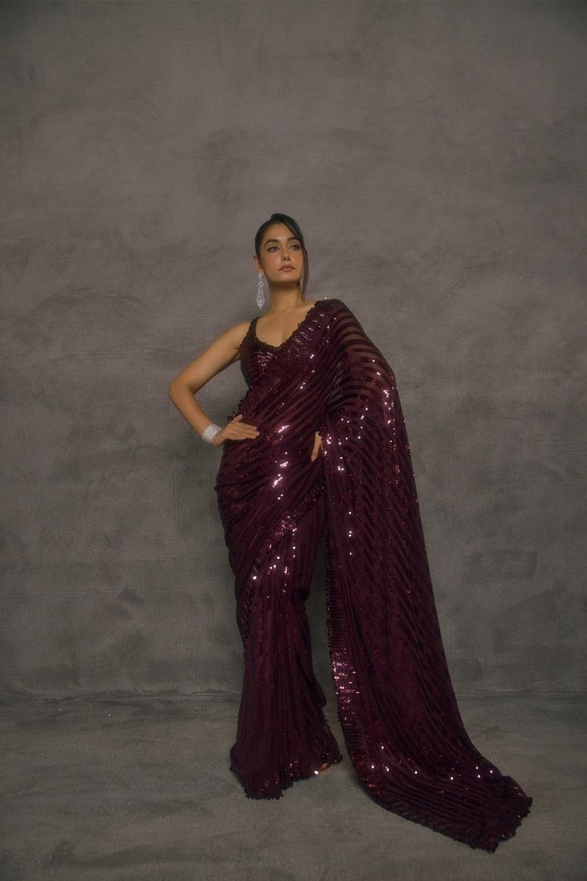 New Bollywood Saree Of Heavy Quality Faux Georgette 5mm Sequins & Multi Embroidery Work in Saree | 4.4 Mtr Work | Blouse of Heavy Embroidery Sequins Front & Back Side Work With Sleeves 
