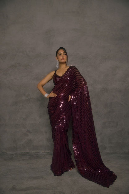 New Bollywood Saree Of Heavy Quality Faux Georgette 5mm Sequins & Multi Embroidery Work in Saree | 4.4 Mtr Work | Blouse of Heavy Embroidery Sequins Front & Back Side Work With Sleeves 