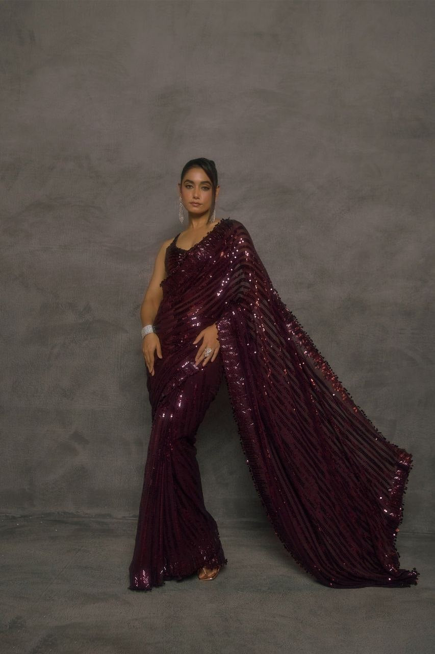 New Bollywood Saree Of Heavy Quality Faux Georgette 5mm Sequins & Multi Embroidery Work in Saree | 4.4 Mtr Work | Blouse of Heavy Embroidery Sequins Front & Back Side Work With Sleeves 