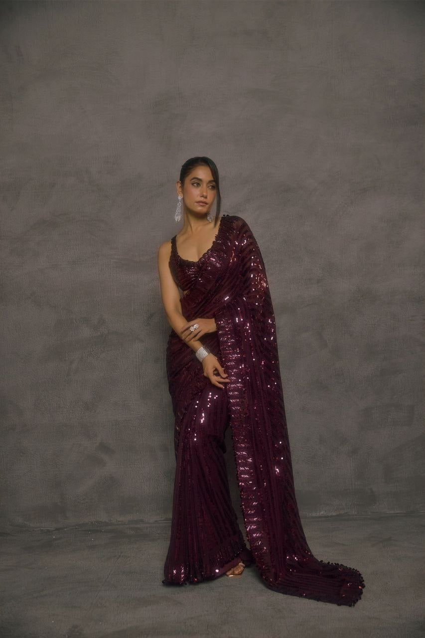 New Bollywood Saree Of Heavy Quality Faux Georgette 5mm Sequins & Multi Embroidery Work in Saree | 4.4 Mtr Work | Blouse of Heavy Embroidery Sequins Front & Back Side Work With Sleeves 