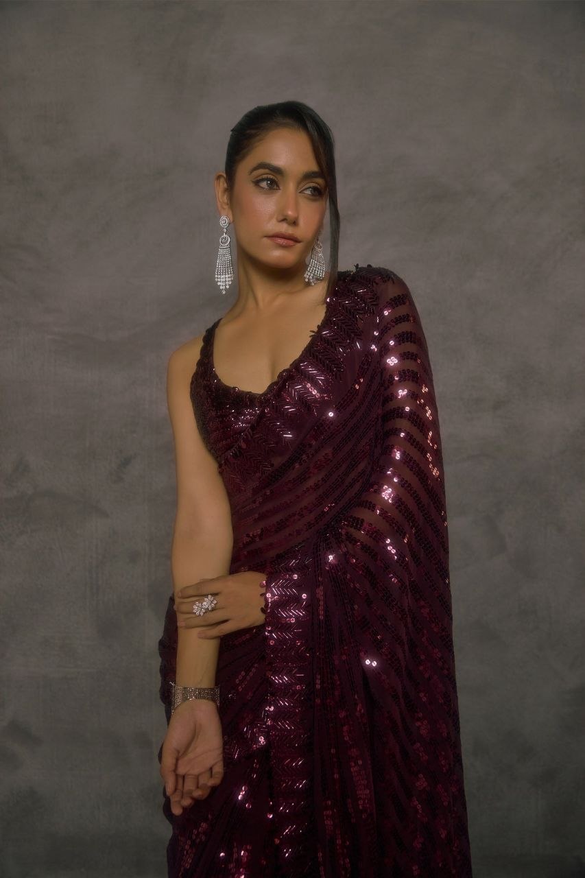 New Bollywood Saree Of Heavy Quality Faux Georgette 5mm Sequins & Multi Embroidery Work in Saree | 4.4 Mtr Work | Blouse of Heavy Embroidery Sequins Front & Back Side Work With Sleeves 