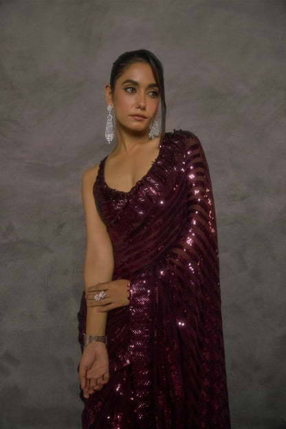 New Bollywood Saree Of Heavy Quality Faux Georgette 5mm Sequins & Multi Embroidery Work in Saree | 4.4 Mtr Work | Blouse of Heavy Embroidery Sequins Front & Back Side Work With Sleeves 