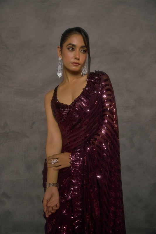 New Bollywood Saree Of Heavy Quality Faux Georgette 5mm Sequins & Multi Embroidery Work in Saree | 4.4 Mtr Work | Blouse of Heavy Embroidery Sequins Front & Back Side Work With Sleeves 