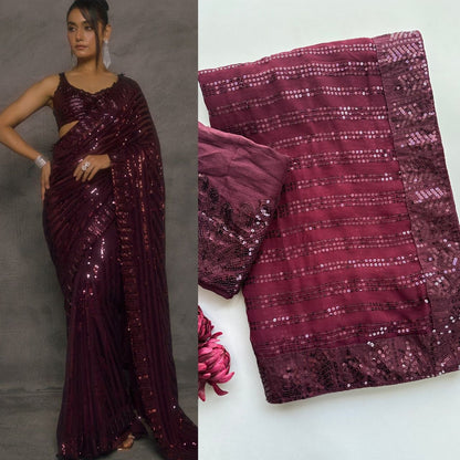 New Bollywood Saree Of Heavy Quality Faux Georgette 5mm Sequins & Multi Embroidery Work in Saree | 4.4 Mtr Work | Blouse of Heavy Embroidery Sequins Front & Back Side Work With Sleeves 