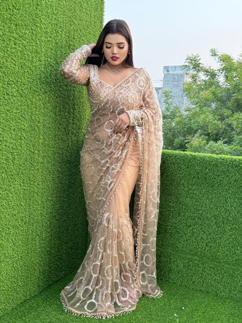 New Bollywood Saree Of Heavy Quality Butterfly Net 5 MM Multy Sequins Embroidery work Saree | 4.4 Mtr Work | Blouse-Butterfly Net With Heavy Embroidery Front & Back Sequins With Sleeves Embroidery Work