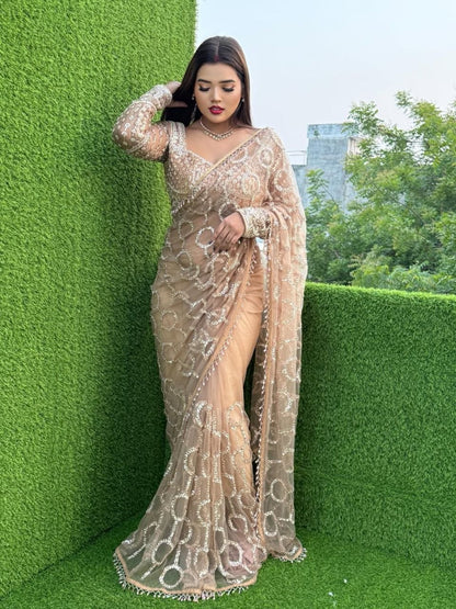 New Bollywood Saree Of Heavy Quality Butterfly Net 5 MM Multy Sequins Embroidery work Saree | 4.4 Mtr Work | Blouse-Butterfly Net With Heavy Embroidery Front & Back Sequins With Sleeves Embroidery Work