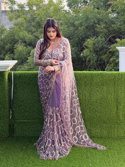 New Bollywood Saree Of Heavy Quality Butterfly Net 5 MM Multy Sequins Embroidery work Saree | 4.4 Mtr Work | Blouse-Butterfly Net With Heavy Embroidery Front & Back Sequins With Sleeves Embroidery Work
