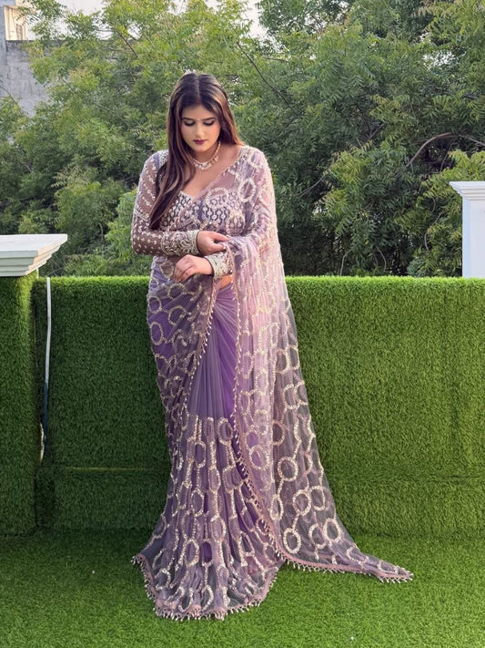 New Bollywood Saree Of Heavy Quality Butterfly Net 5 MM Multy Sequins Embroidery work Saree | 4.4 Mtr Work | Blouse-Butterfly Net With Heavy Embroidery Front & Back Sequins With Sleeves Embroidery Work