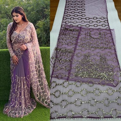 New Bollywood Saree Of Heavy Quality Butterfly Net 5 MM Multy Sequins Embroidery work Saree | 4.4 Mtr Work | Blouse-Butterfly Net With Heavy Embroidery Front & Back Sequins With Sleeves Embroidery Work