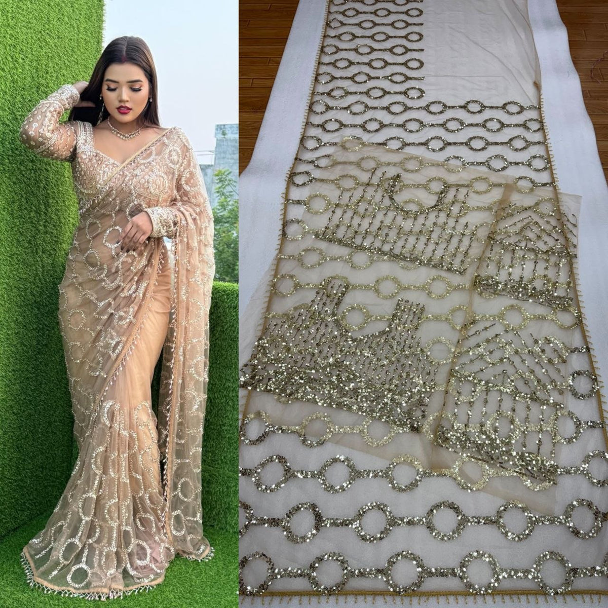 New Bollywood Saree Of Heavy Quality Butterfly Net 5 MM Multy Sequins Embroidery work Saree | 4.4 Mtr Work | Blouse-Butterfly Net With Heavy Embroidery Front & Back Sequins With Sleeves Embroidery Work