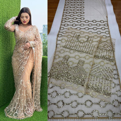 New Bollywood Saree Of Heavy Quality Butterfly Net 5 MM Multy Sequins Embroidery work Saree | 4.4 Mtr Work | Blouse-Butterfly Net With Heavy Embroidery Front & Back Sequins With Sleeves Embroidery Work
