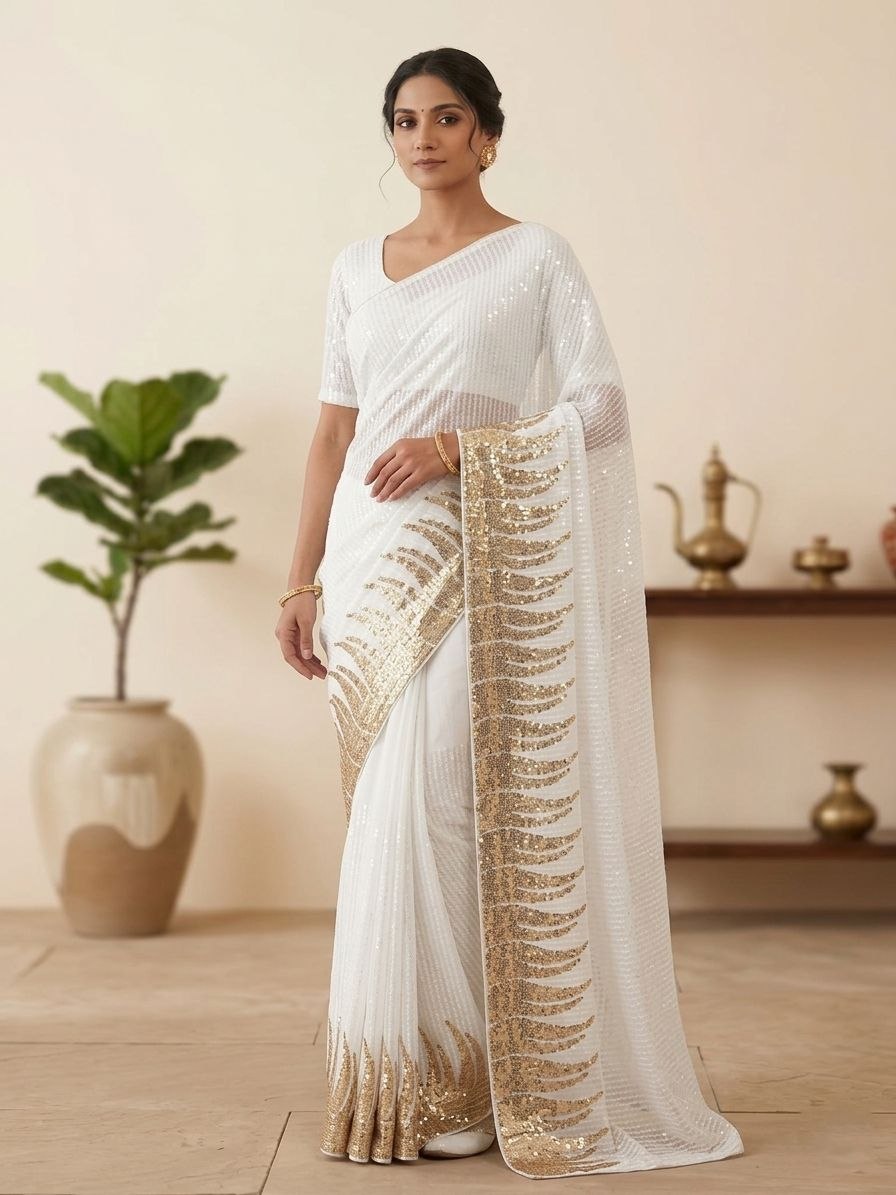 New Bollywood Saree Of Heavy Quality 60 Gram Georgette Heavy Dual Sequins 3MM & 5MM EMBRODERY Sequins Work Saree | Blouse of Silk