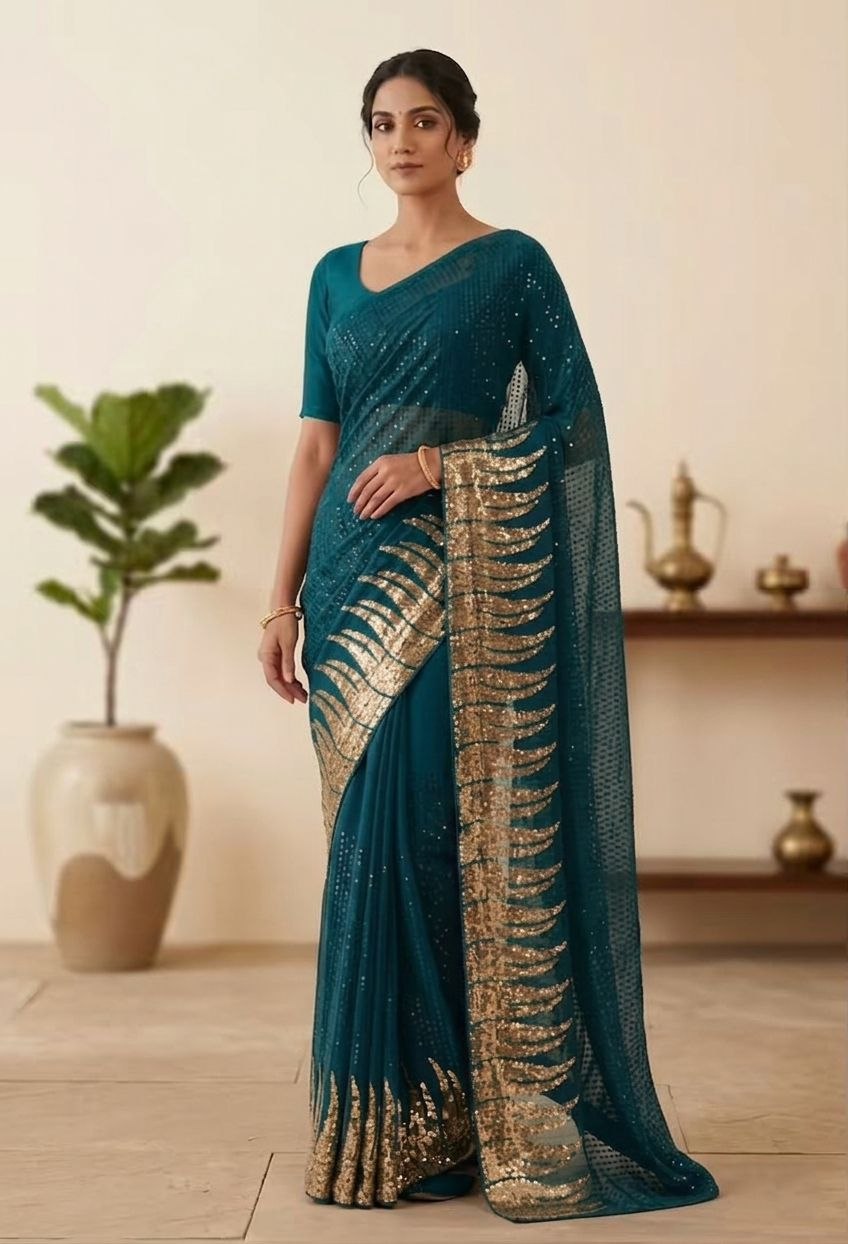 New Bollywood Saree Of Heavy Quality 60 Gram Georgette Heavy Dual Sequins 3MM & 5MM EMBRODERY Sequins Work Saree | Blouse of Silk