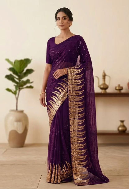 New Bollywood Saree Of Heavy Quality 60 Gram Georgette Heavy Dual Sequins 3MM & 5MM EMBRODERY Sequins Work Saree | Blouse of Silk