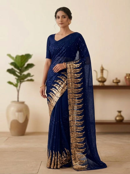 New Bollywood Saree Of Heavy Quality 60 Gram Georgette Heavy Dual Sequins 3MM & 5MM EMBRODERY Sequins Work Saree | Blouse of Silk