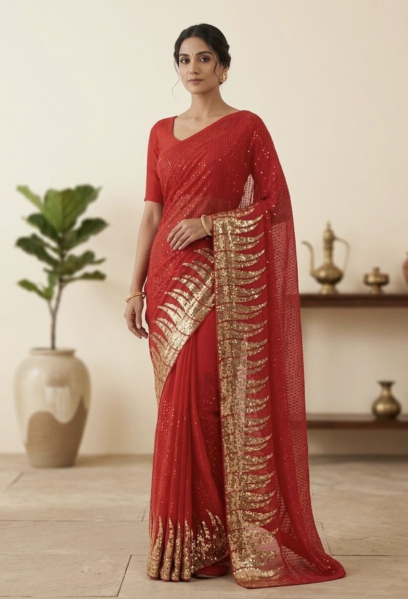 New Bollywood Saree Of Heavy Quality 60 Gram Georgette Heavy Dual Sequins 3MM & 5MM EMBRODERY Sequins Work Saree | Blouse of Silk
