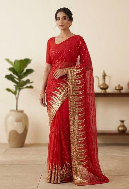New Bollywood Saree Of Heavy Quality 60 Gram Georgette Heavy Dual Sequins 3MM & 5MM EMBRODERY Sequins Work Saree | Blouse of Silk