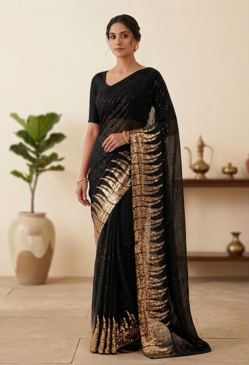 New Bollywood Saree Of Heavy Quality 60 Gram Georgette Heavy Dual Sequins 3MM & 5MM EMBRODERY Sequins Work Saree | Blouse of Silk