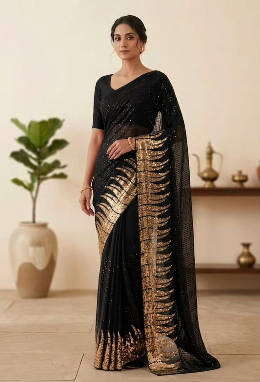 New Bollywood Saree Of Heavy Quality 60 Gram Georgette Heavy Dual Sequins 3MM & 5MM EMBRODERY Sequins Work Saree | Blouse of Silk