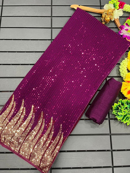 New Bollywood Saree Of Heavy Quality 60 Gram Georgette Heavy Dual Sequins 3MM & 5MM EMBRODERY Sequins Work Saree | Blouse of Silk