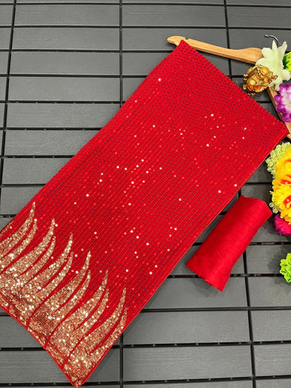 New Bollywood Saree Of Heavy Quality 60 Gram Georgette Heavy Dual Sequins 3MM & 5MM EMBRODERY Sequins Work Saree | Blouse of Silk