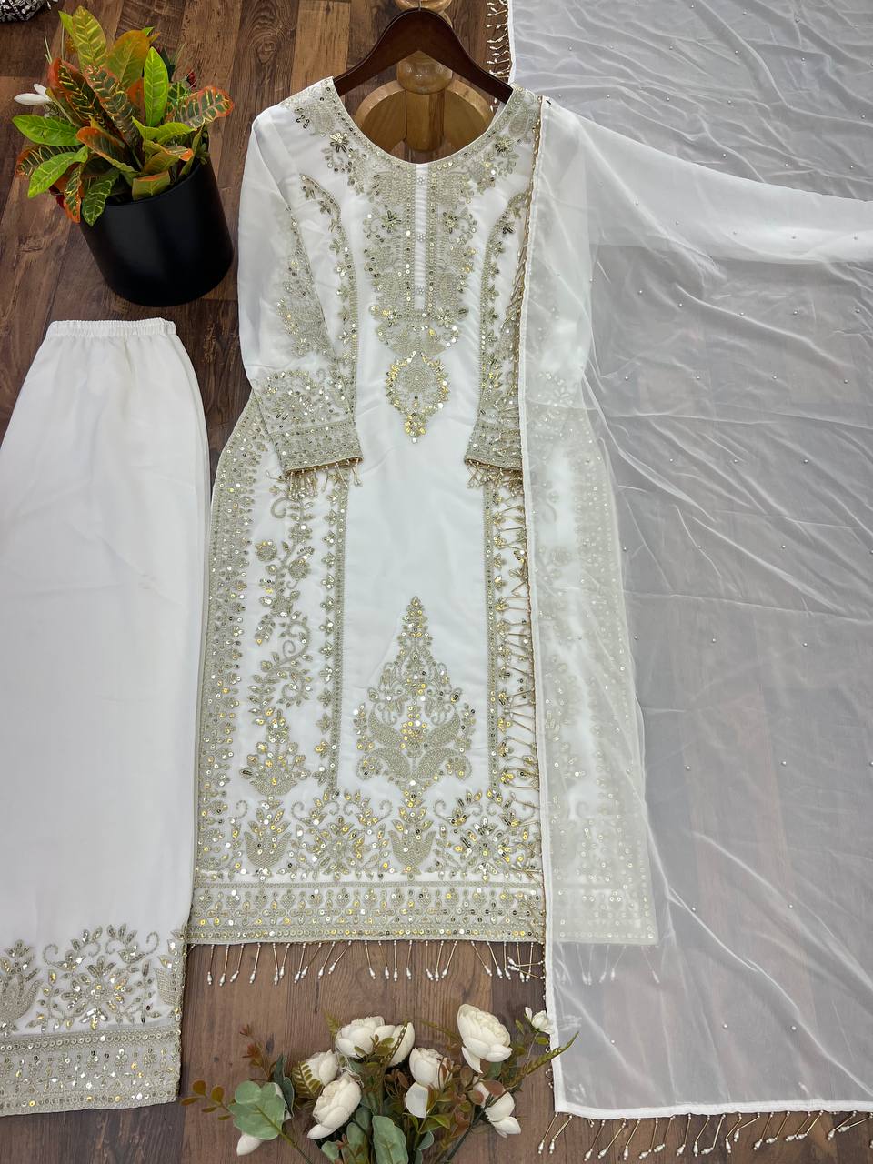 New Designer Collection Faux Georgette With Heavy Embroidery Sequence Work Top-Bottom And Dupatta Set
