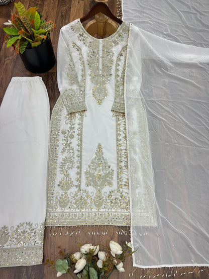 New Designer Collection Faux Georgette With Heavy Embroidery Sequence Work Top-Bottom And Dupatta Set