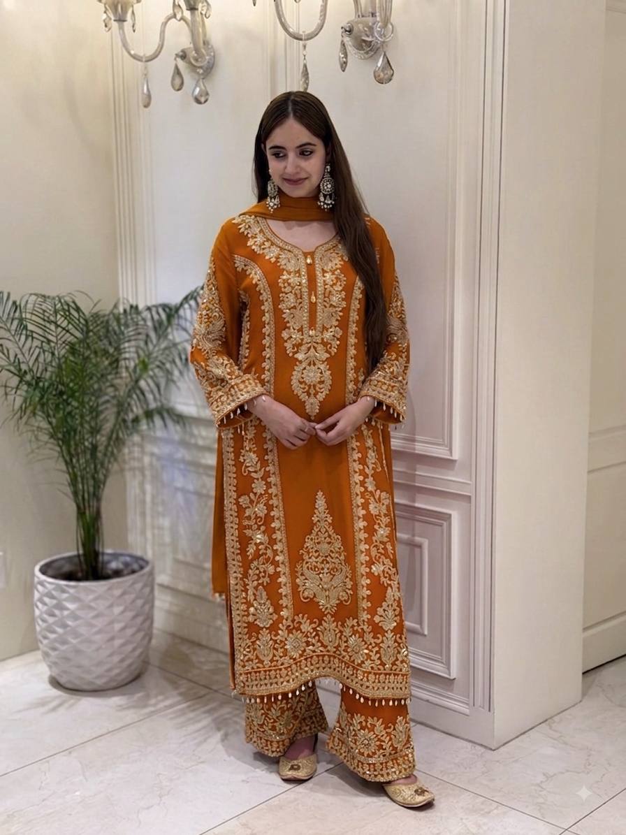 New Designer Collection Faux Georgette With Heavy Embroidery Sequence Work Top-Bottom And Dupatta Set