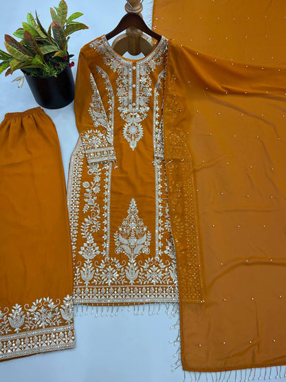 New Designer Collection Faux Georgette With Heavy Embroidery Sequence Work Top-Bottom And Dupatta Set