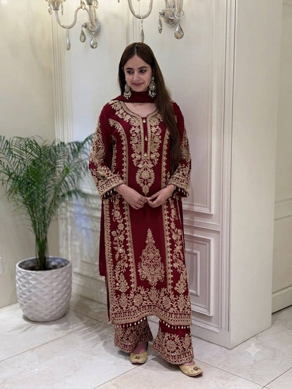 New Designer Collection Faux Georgette With Heavy Embroidery Sequence Work Top-Bottom And Dupatta Set