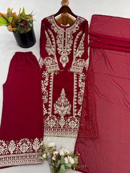 New Designer Collection Faux Georgette With Heavy Embroidery Sequence Work Top-Bottom And Dupatta Set