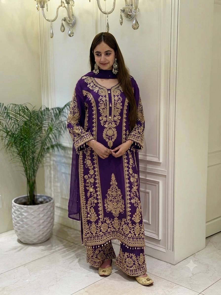 New Designer Collection Faux Georgette With Heavy Embroidery Sequence Work Top-Bottom And Dupatta Set