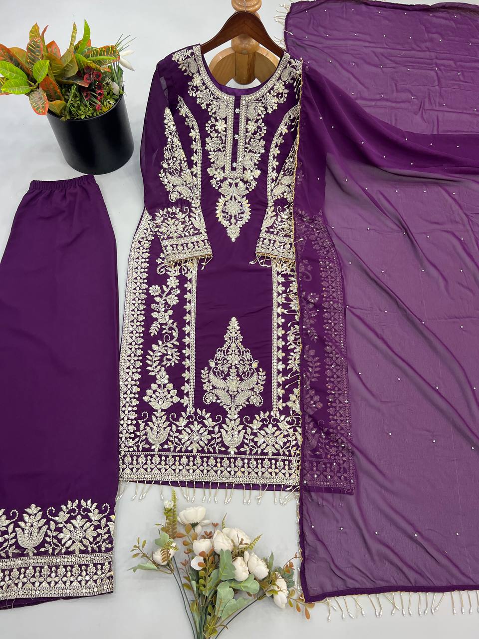 New Designer Collection Faux Georgette With Heavy Embroidery Sequence Work Top-Bottom And Dupatta Set